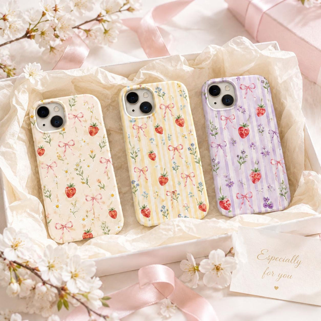 Strawberry Bow Phone Case, Pink Striped Floral iPhone Case, Cute Coquette Summer Phone Cover, Girly Gift for Her