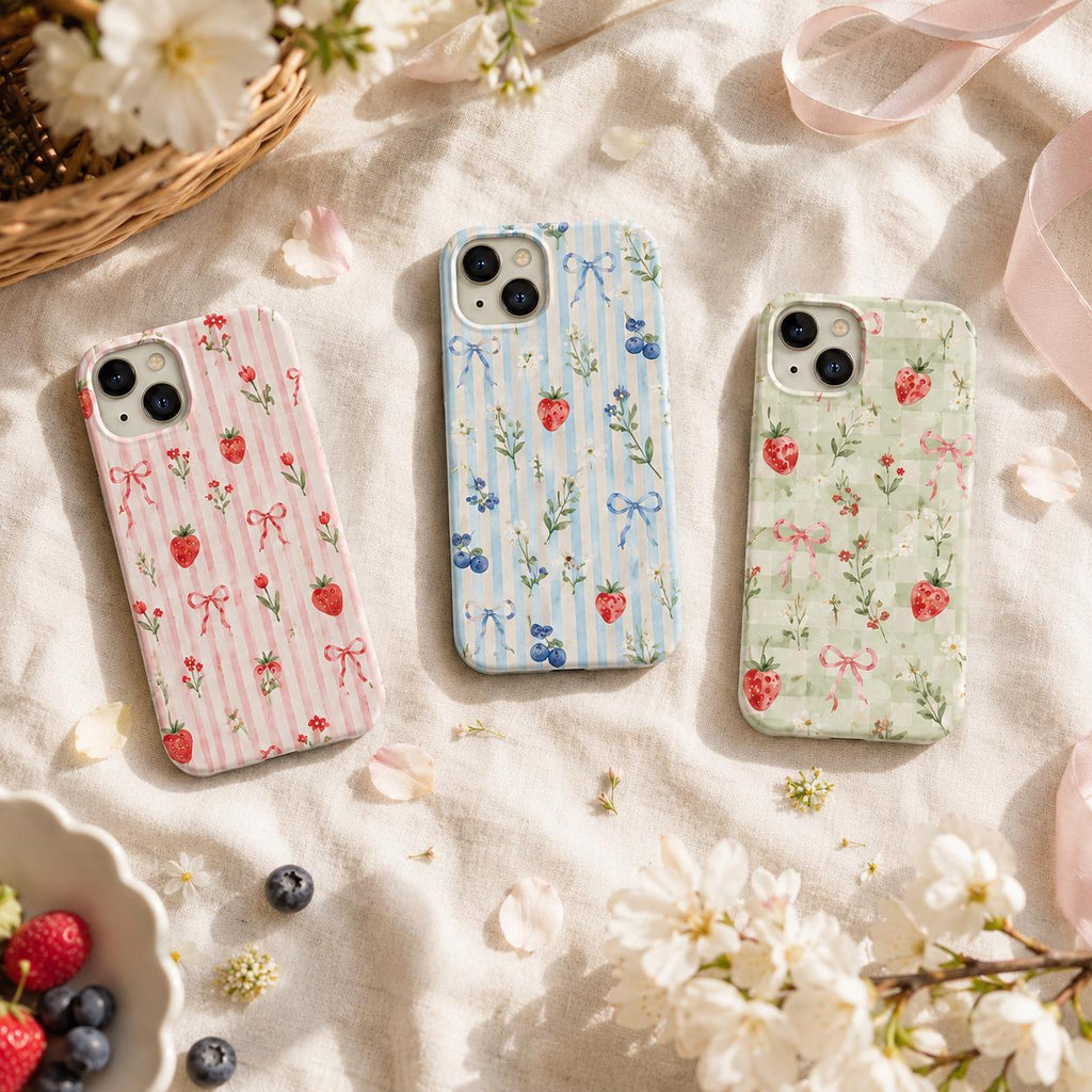 Strawberry Bow Phone Case, Pink Striped Floral iPhone Case, Cute Coquette Summer Phone Cover, Girly Gift for Her