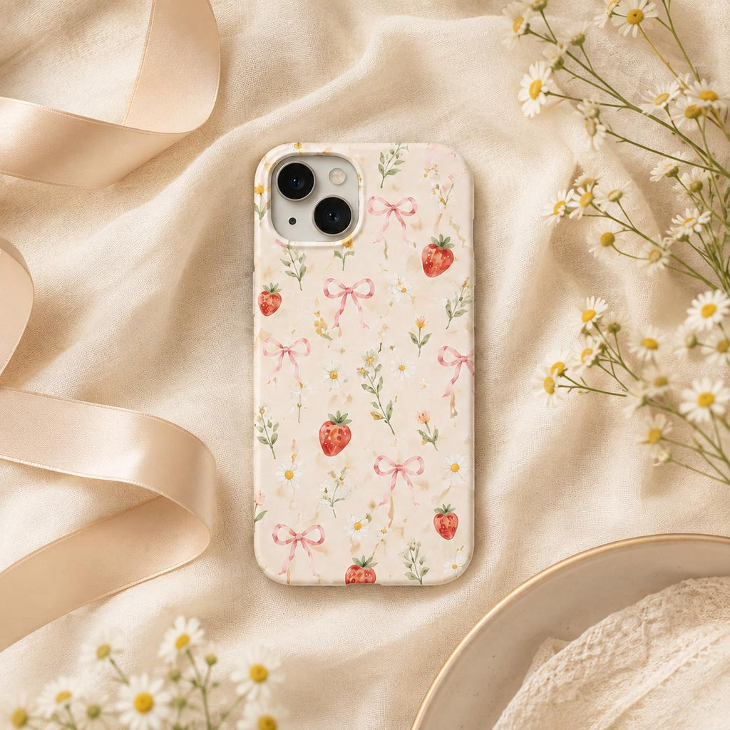 Strawberry Bow Phone Case, Pink Striped Floral iPhone Case, Cute Coquette Summer Phone Cover, Girly Gift for Her