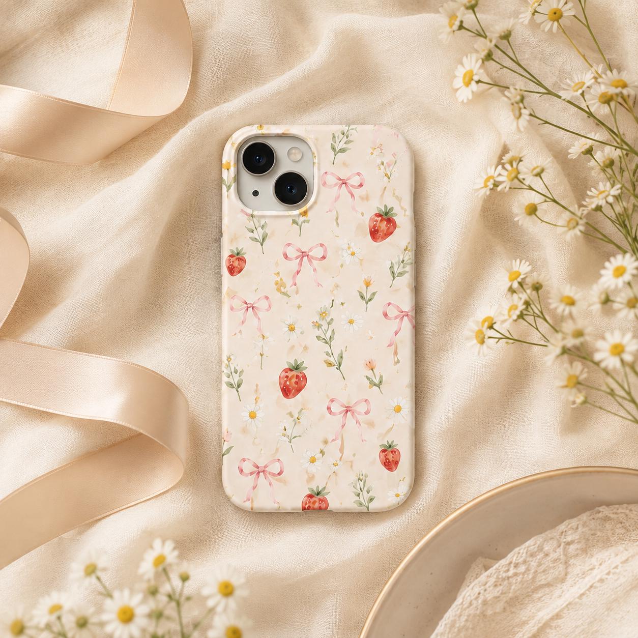 Strawberry Bow Phone Case, Pink Striped Floral iPhone Case, Cute Coquette Summer Phone Cover, Girly Gift for Her
