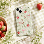 Strawberry Bow Phone Case, Pink Striped Floral iPhone Case, Cute Coquette Summer Phone Cover, Girly Gift for Her