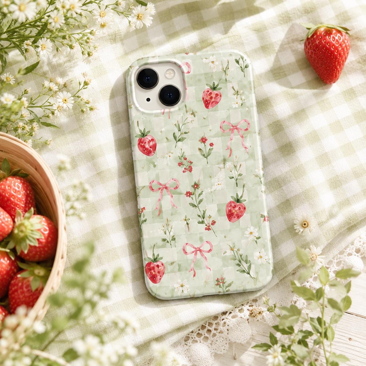 Strawberry Bow Phone Case, Pink Striped Floral iPhone Case, Cute Coquette Summer Phone Cover, Girly Gift for Her