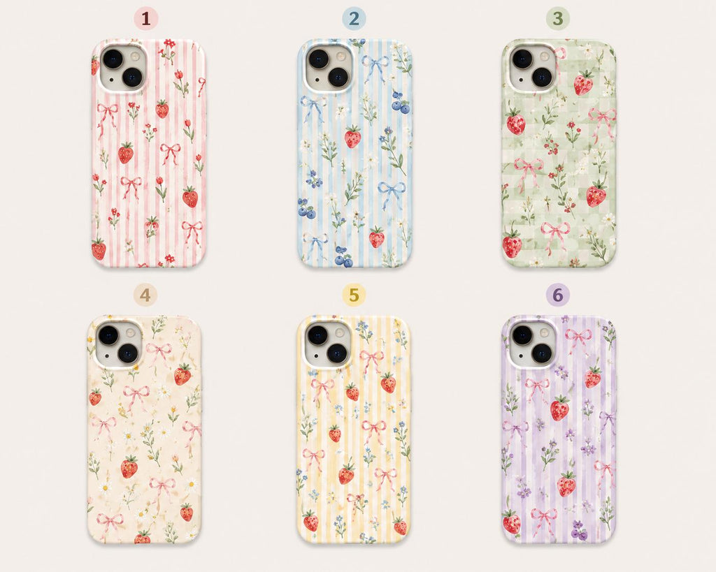 Strawberry Bow Phone Case, Pink Striped Floral iPhone Case, Cute Coquette Summer Phone Cover, Girly Gift for Her