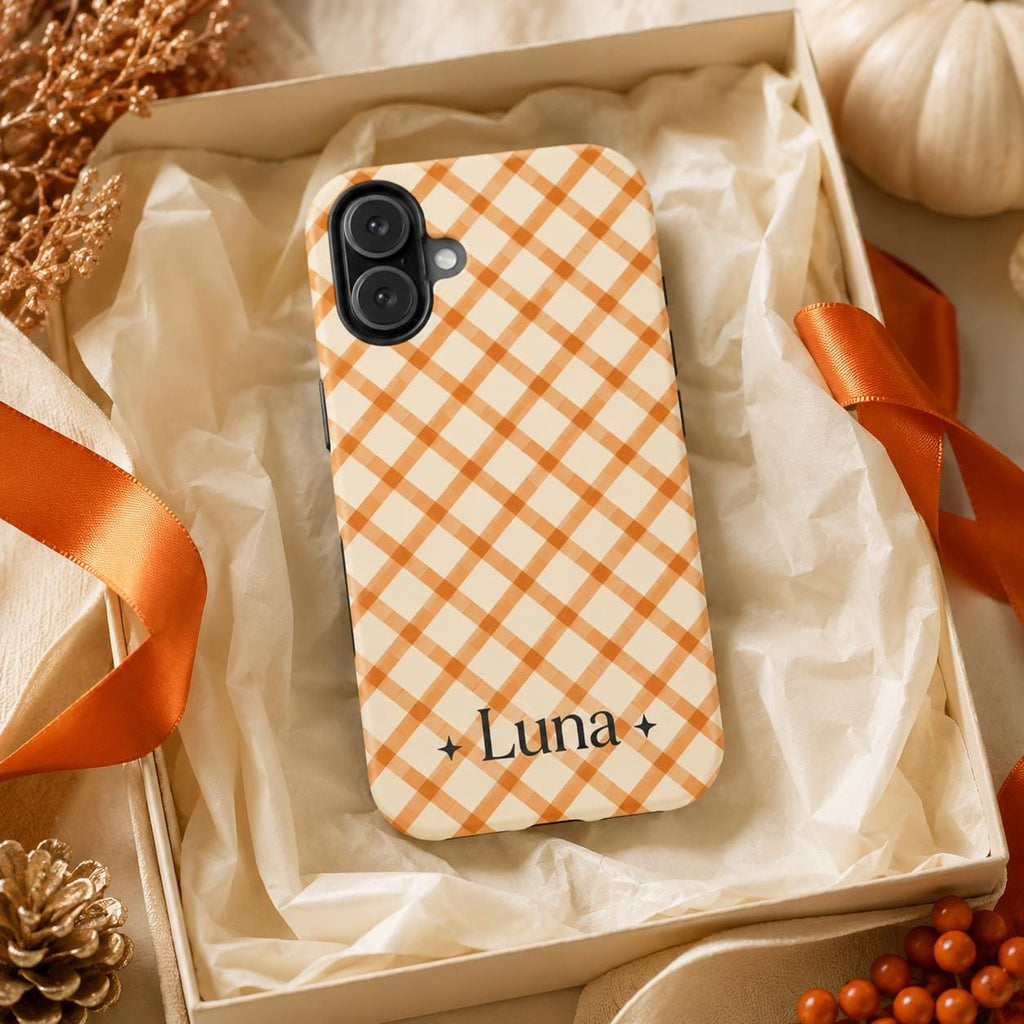 Personalized Halloween Phone Case, Custom Name iPhone Case, Orange Black Bat Star Stripe Checkered Spooky Phone Cover