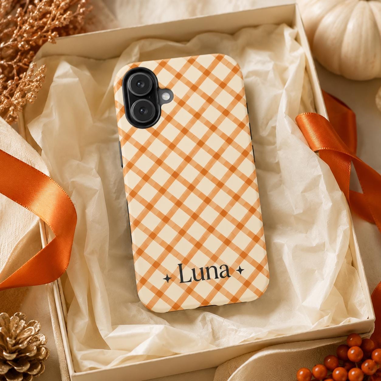 Personalized Halloween Phone Case, Custom Name iPhone Case, Orange Black Bat Star Stripe Checkered Spooky Phone Cover