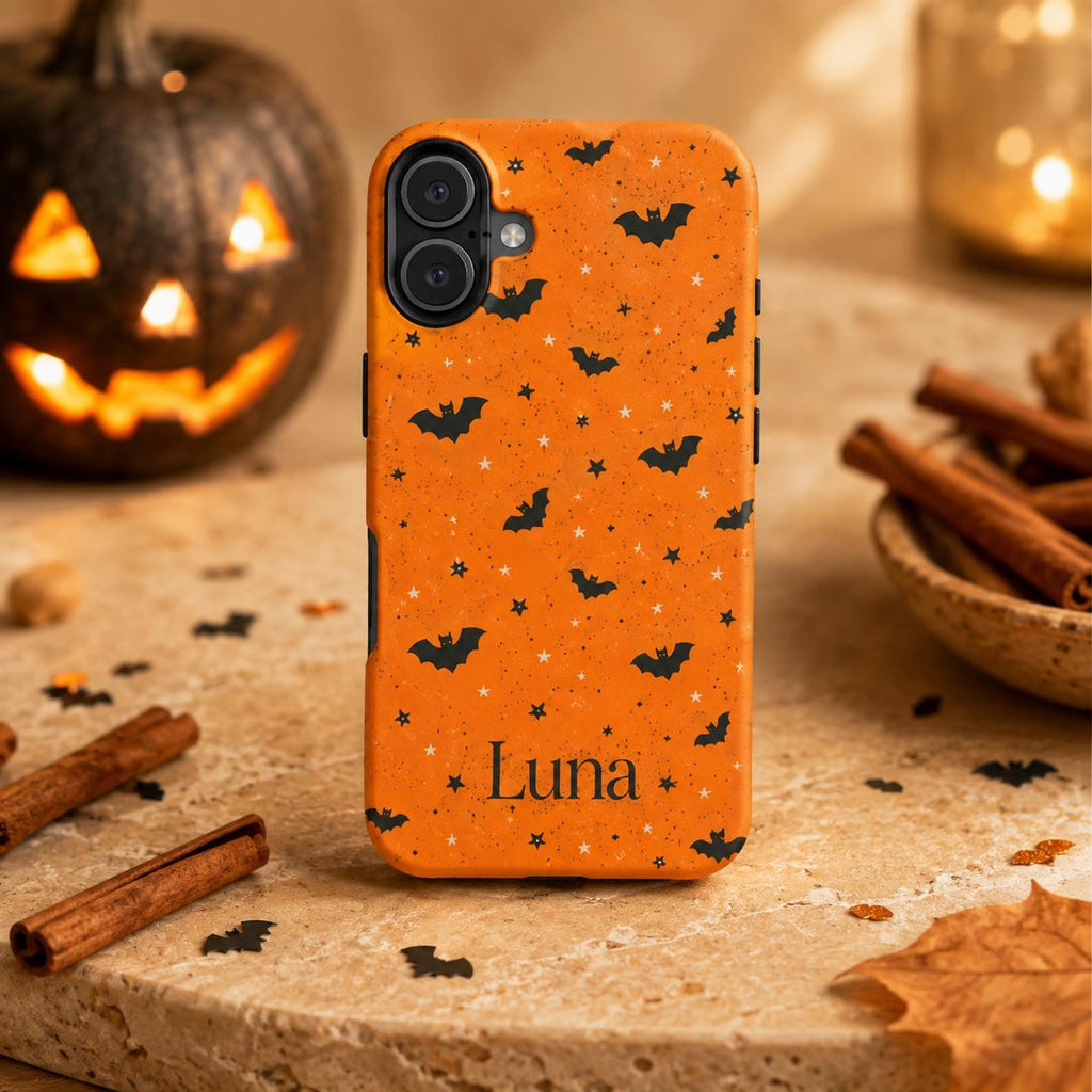 Personalized Halloween Phone Case, Custom Name iPhone Case, Orange Black Bat Star Stripe Checkered Spooky Phone Cover
