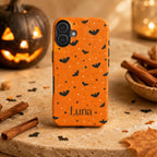 Personalized Halloween Phone Case, Custom Name iPhone Case, Orange Black Bat Star Stripe Checkered Spooky Phone Cover