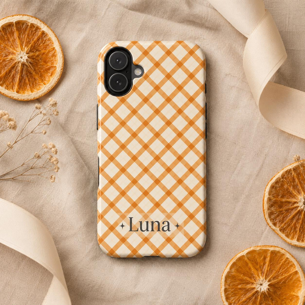 Personalized Halloween Phone Case, Custom Name iPhone Case, Orange Black Bat Star Stripe Checkered Spooky Phone Cover