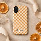 Personalized Halloween Phone Case, Custom Name iPhone Case, Orange Black Bat Star Stripe Checkered Spooky Phone Cover