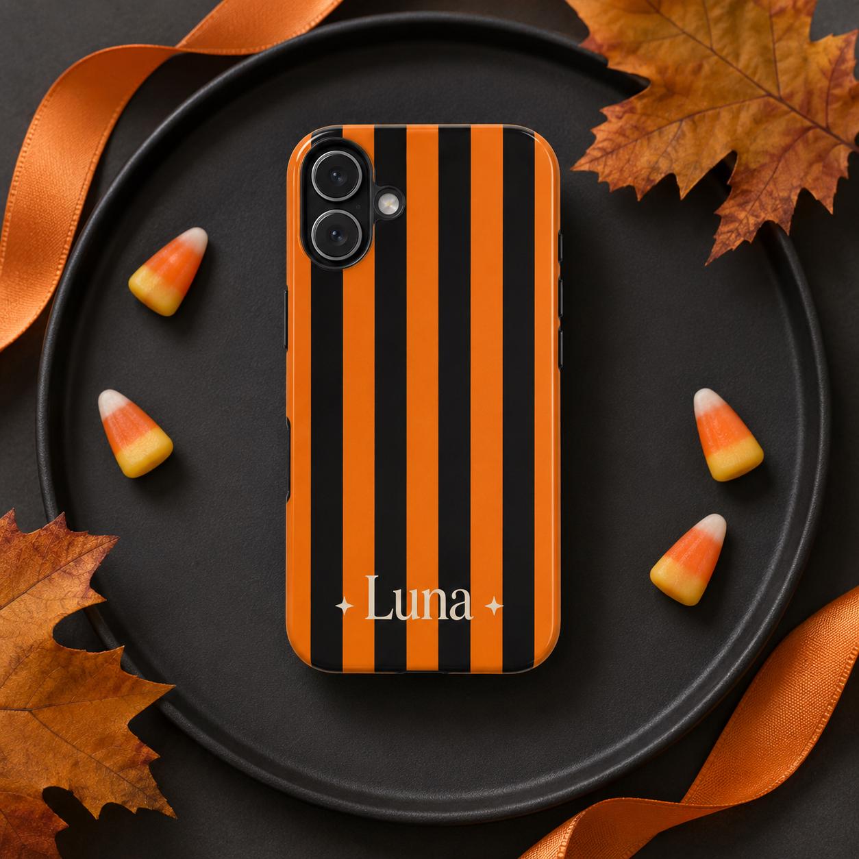 Personalized Halloween Phone Case, Custom Name iPhone Case, Orange Black Bat Star Stripe Checkered Spooky Phone Cover