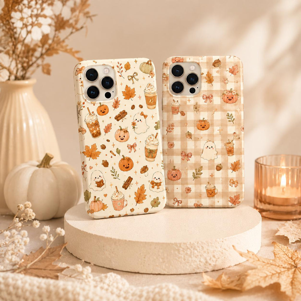 Cute Fall Phone Case, Cozy Pumpkin Ghost Coffee iPhone Case, Autumn Gingham Bow Phone Cover, Kawaii Fall Gift for Her