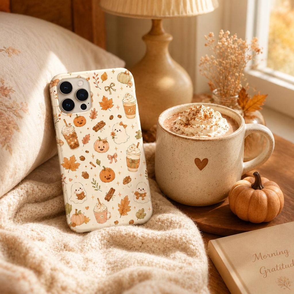 Cute Fall Phone Case, Cozy Pumpkin Ghost Coffee iPhone Case, Autumn Gingham Bow Phone Cover, Kawaii Fall Gift for Her
