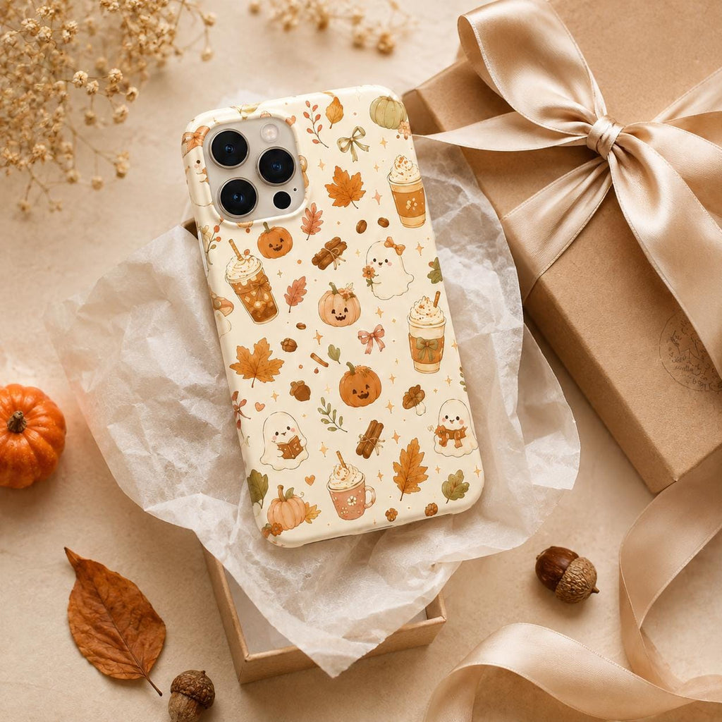 Cute Fall Phone Case, Cozy Pumpkin Ghost Coffee iPhone Case, Autumn Gingham Bow Phone Cover, Kawaii Fall Gift for Her