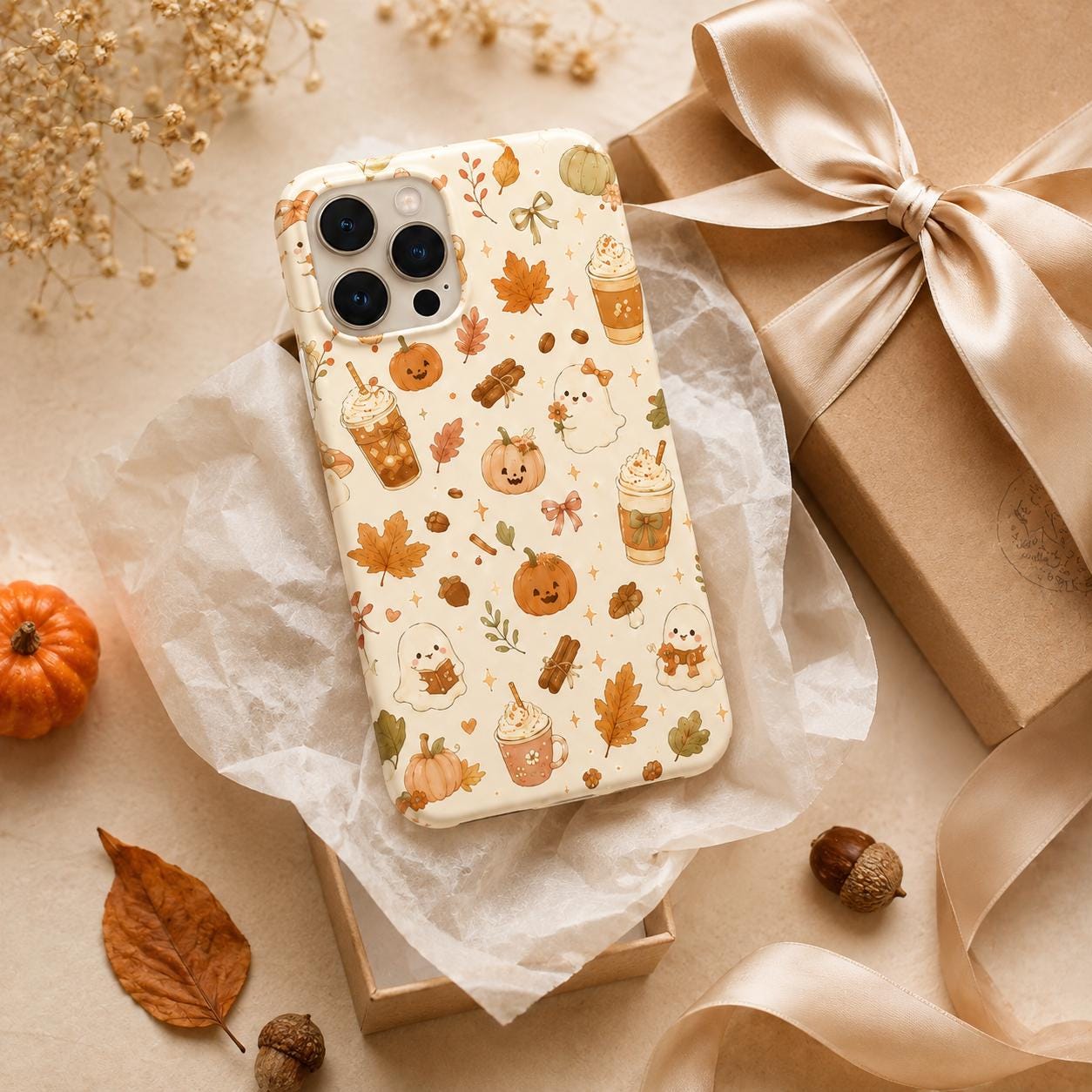 Cute Fall Phone Case, Cozy Pumpkin Ghost Coffee iPhone Case, Autumn Gingham Bow Phone Cover, Kawaii Fall Gift for Her