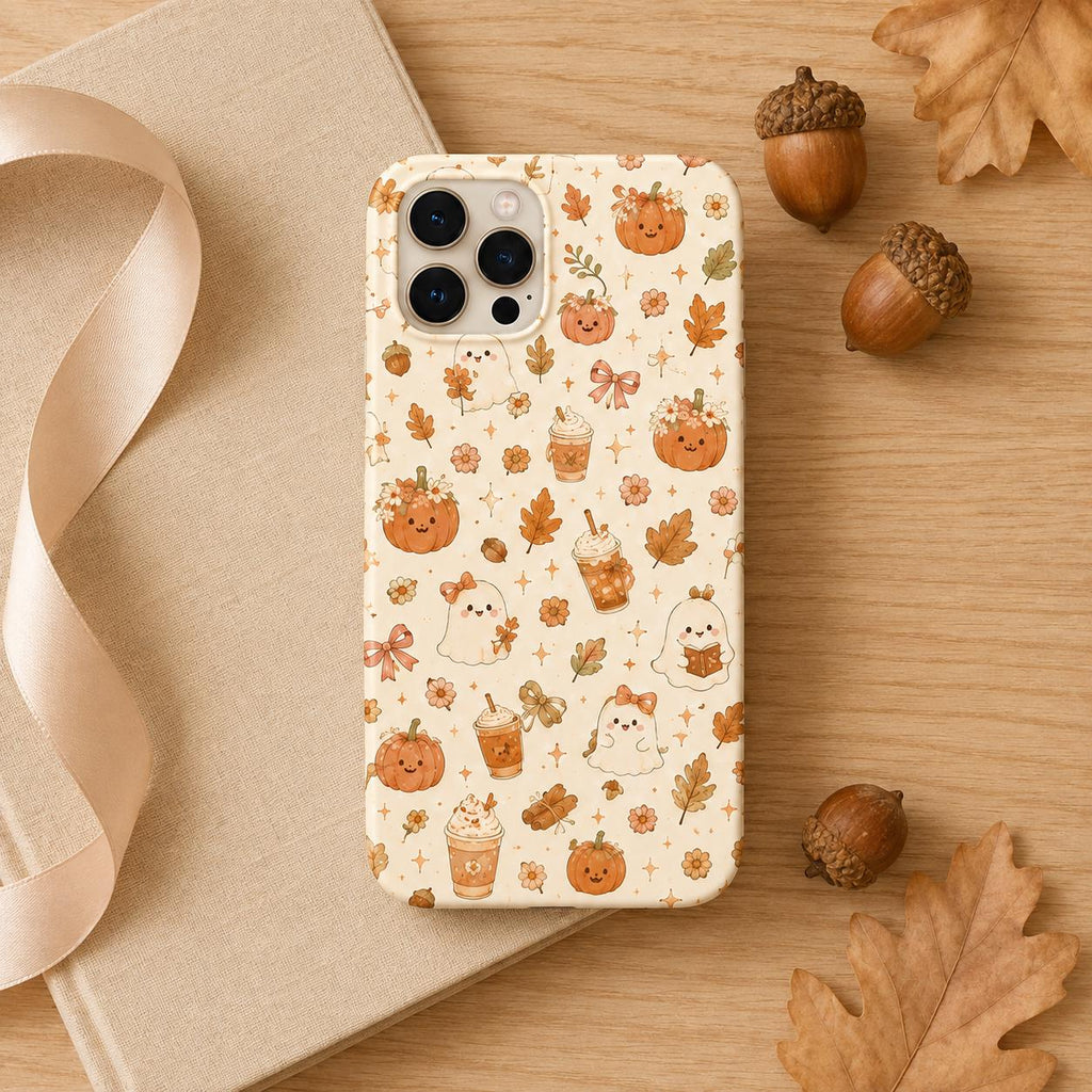 Cute Fall Phone Case, Cozy Pumpkin Ghost Coffee iPhone Case, Autumn Gingham Bow Phone Cover, Kawaii Fall Gift for Her