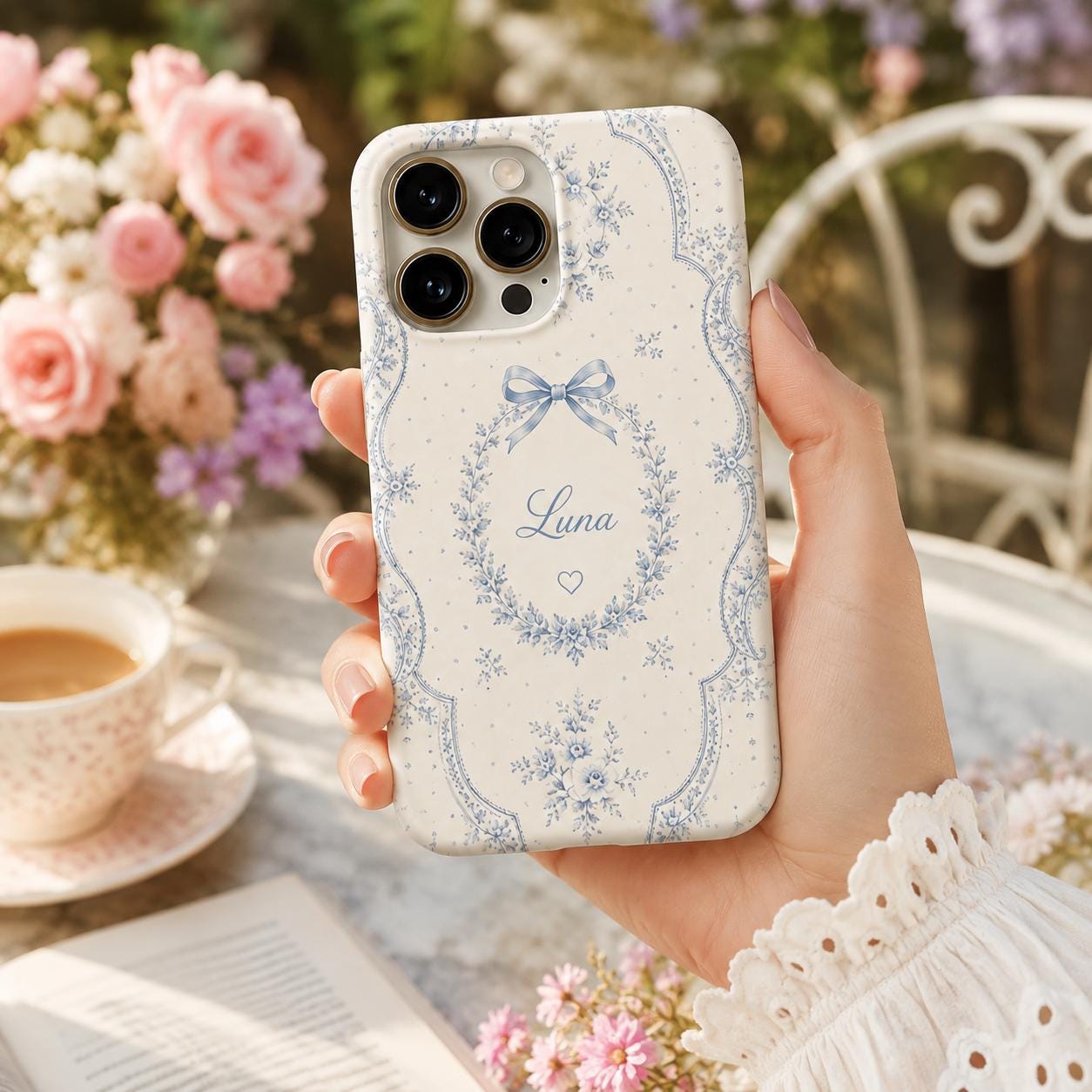 Personalized Blue Floral Phone Case, Custom Initial iPhone Case, Toile Bow Monogram Phone Cover, Coquette Gift for Her