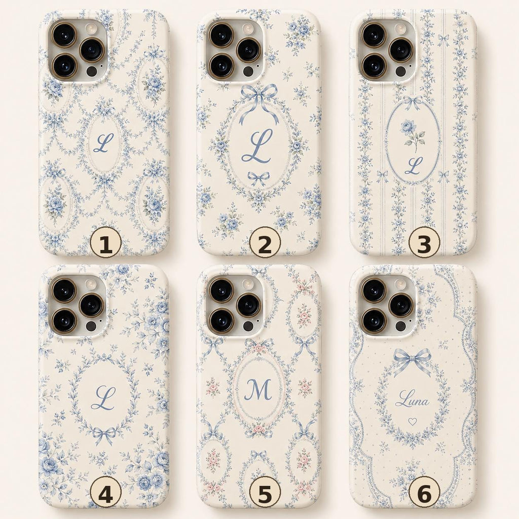 Personalized Blue Floral Phone Case, Custom Initial iPhone Case, Toile Bow Monogram Phone Cover, Coquette Gift for Her