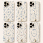 Personalized Blue Floral Phone Case, Custom Initial iPhone Case, Toile Bow Monogram Phone Cover, Coquette Gift for Her