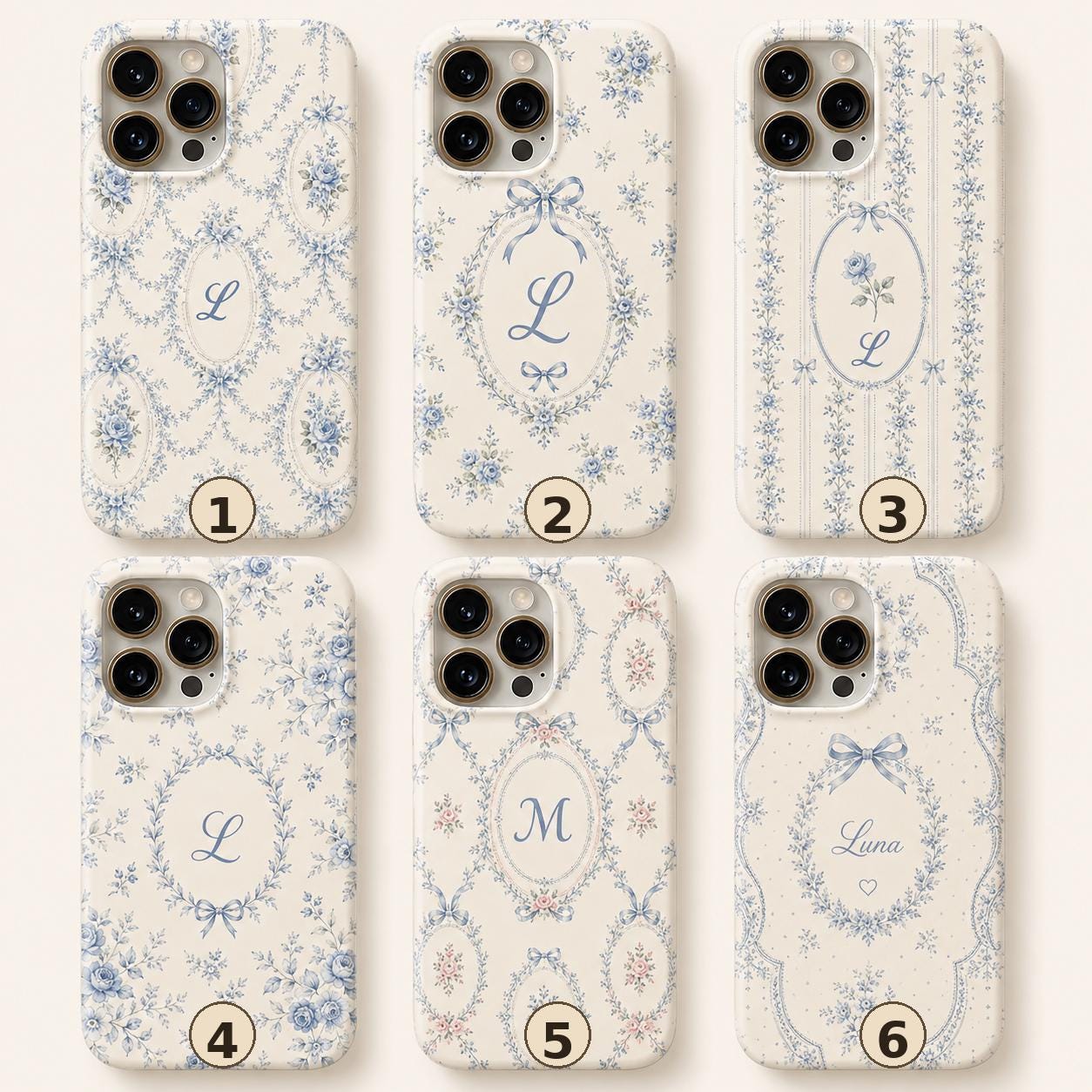 Personalized Blue Floral Phone Case, Custom Initial iPhone Case, Toile Bow Monogram Phone Cover, Coquette Gift for Her