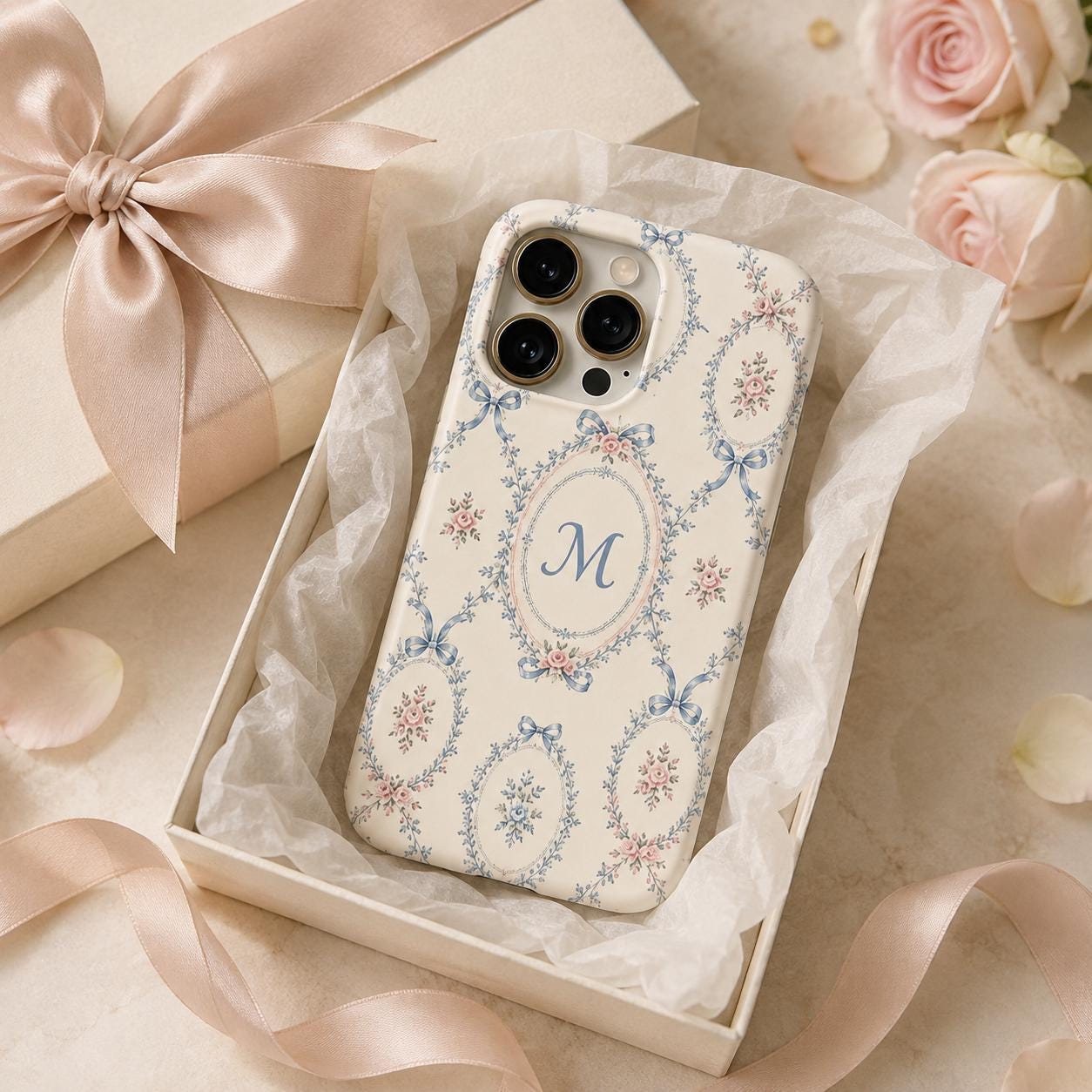 Personalized Blue Floral Phone Case, Custom Initial iPhone Case, Toile Bow Monogram Phone Cover, Coquette Gift for Her