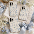 Personalized Blue Floral Phone Case, Custom Initial iPhone Case, Toile Bow Monogram Phone Cover, Coquette Gift for Her