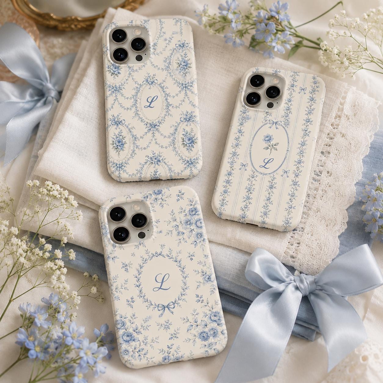 Personalized Blue Floral Phone Case, Custom Initial iPhone Case, Toile Bow Monogram Phone Cover, Coquette Gift for Her
