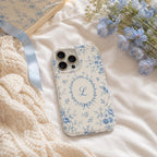 Personalized Blue Floral Phone Case, Custom Initial iPhone Case, Toile Bow Monogram Phone Cover, Coquette Gift for Her