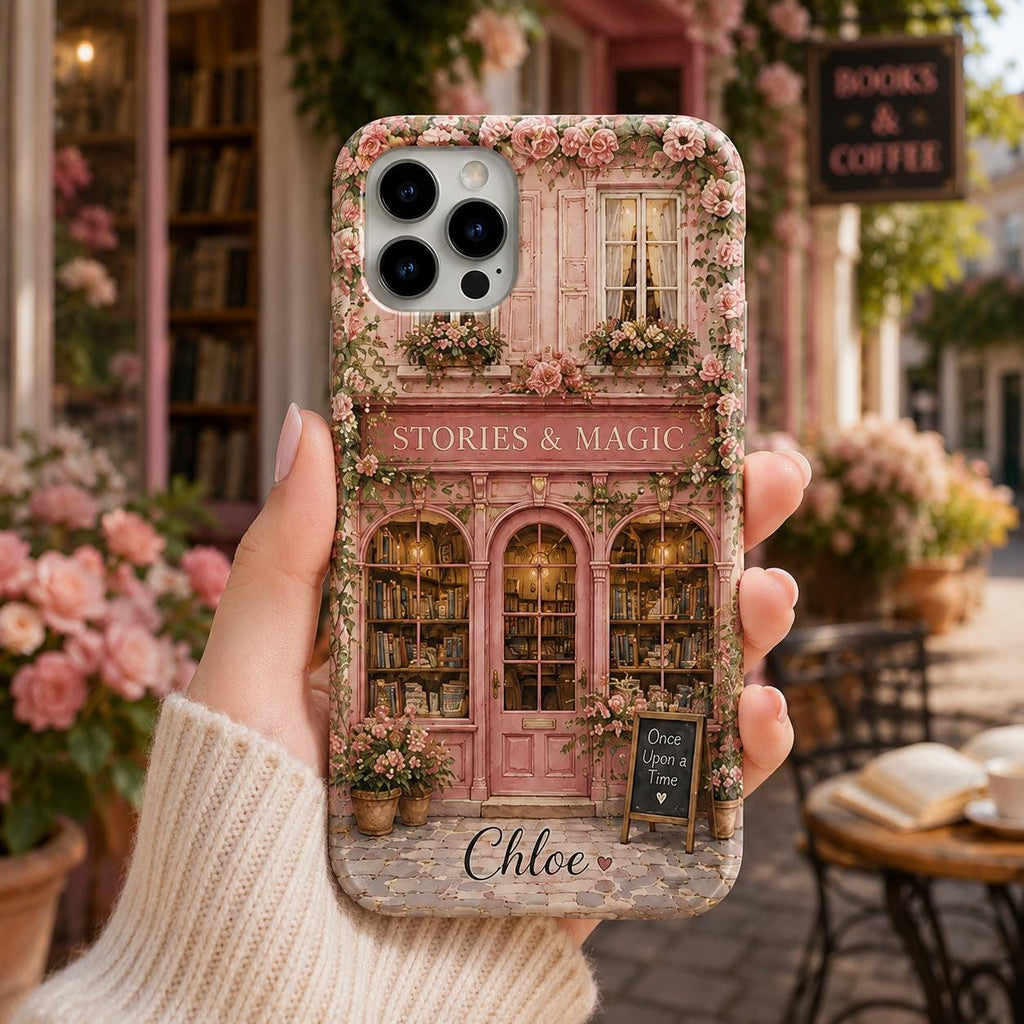 Personalized Bookshop Phone Case, Custom Name iPhone Case, Cozy Bookstore Floral Phone Cover, Book Lover Gift for Her