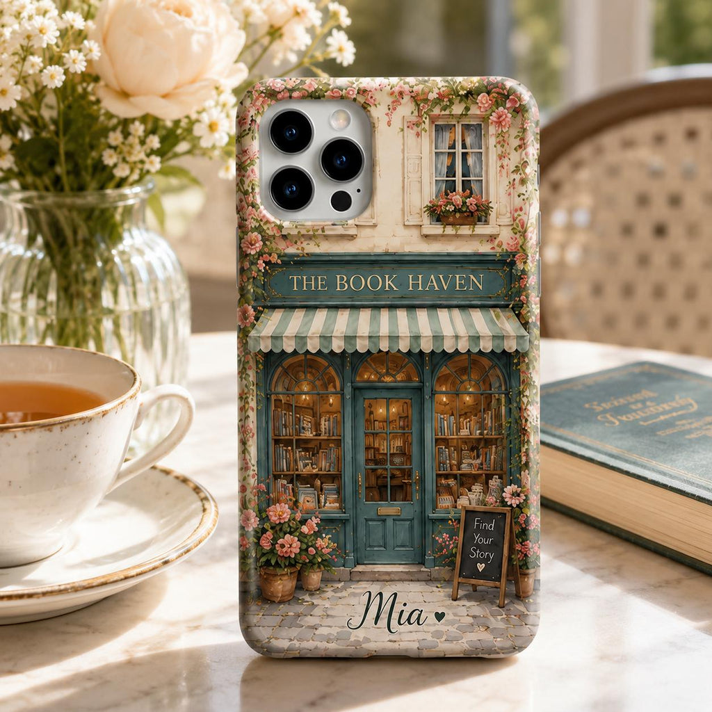 Personalized Bookshop Phone Case, Custom Name iPhone Case, Cozy Bookstore Floral Phone Cover, Book Lover Gift for Her