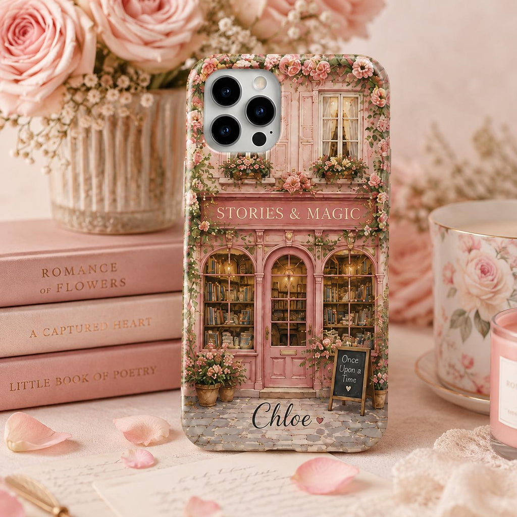Personalized Bookshop Phone Case, Custom Name iPhone Case, Cozy Bookstore Floral Phone Cover, Book Lover Gift for Her
