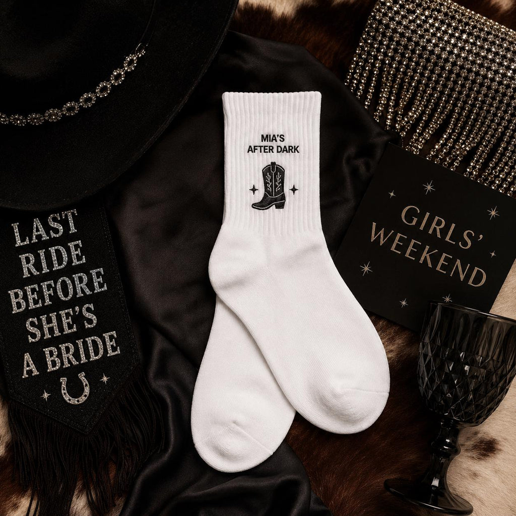 Personalized After Dark Embroidered Socks, Custom Night Out Club Socks, Bachelorette Party Gift, Birthday Girls Night Favors
