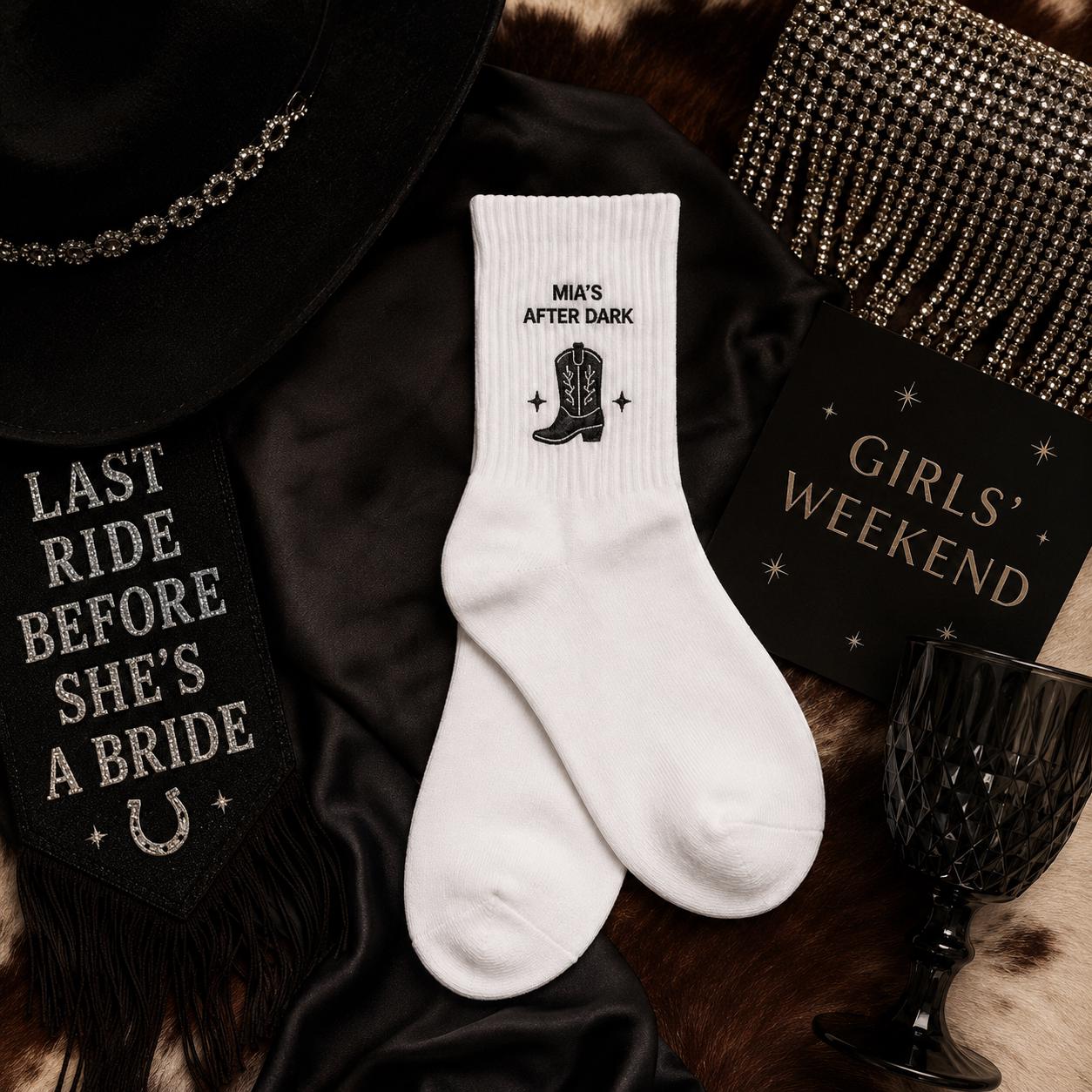 Personalized After Dark Embroidered Socks, Custom Night Out Club Socks, Bachelorette Party Gift, Birthday Girls Night Favors