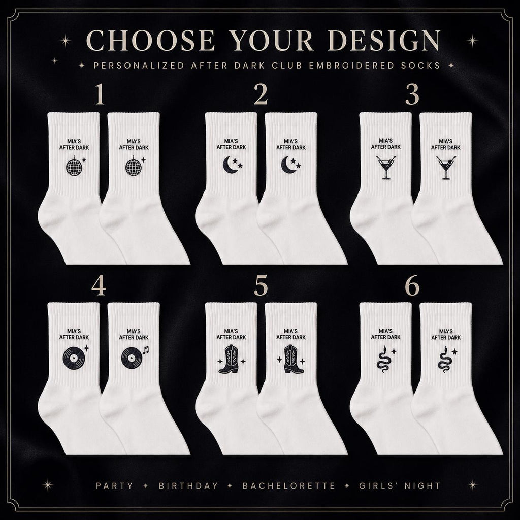 Personalized After Dark Embroidered Socks, Custom Night Out Club Socks, Bachelorette Party Gift, Birthday Girls Night Favors