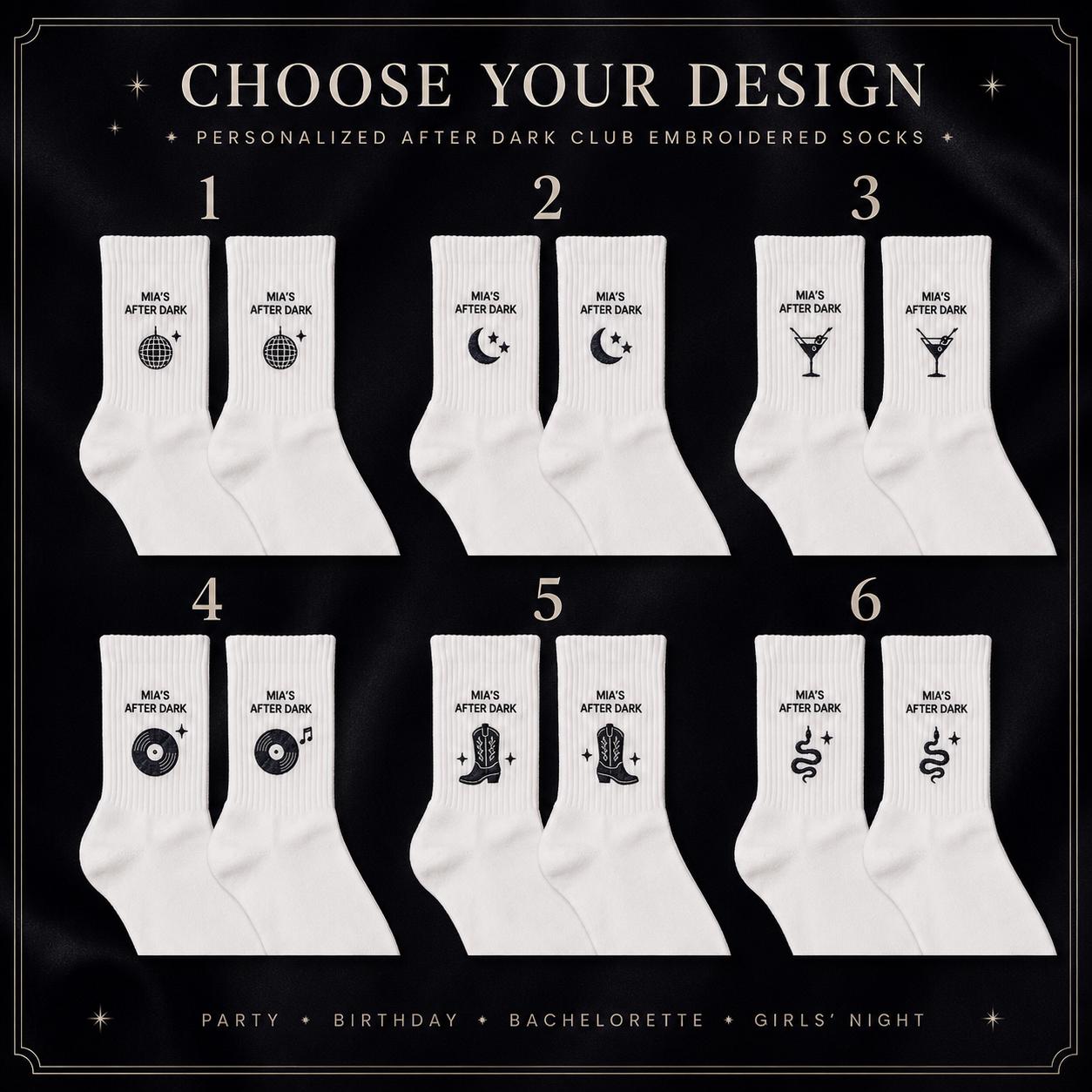 Personalized After Dark Embroidered Socks, Custom Night Out Club Socks, Bachelorette Party Gift, Birthday Girls Night Favors