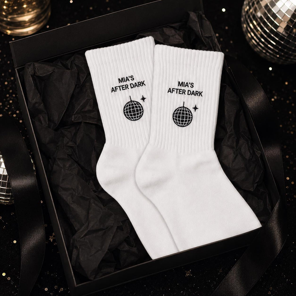 Personalized After Dark Embroidered Socks, Custom Night Out Club Socks, Bachelorette Party Gift, Birthday Girls Night Favors