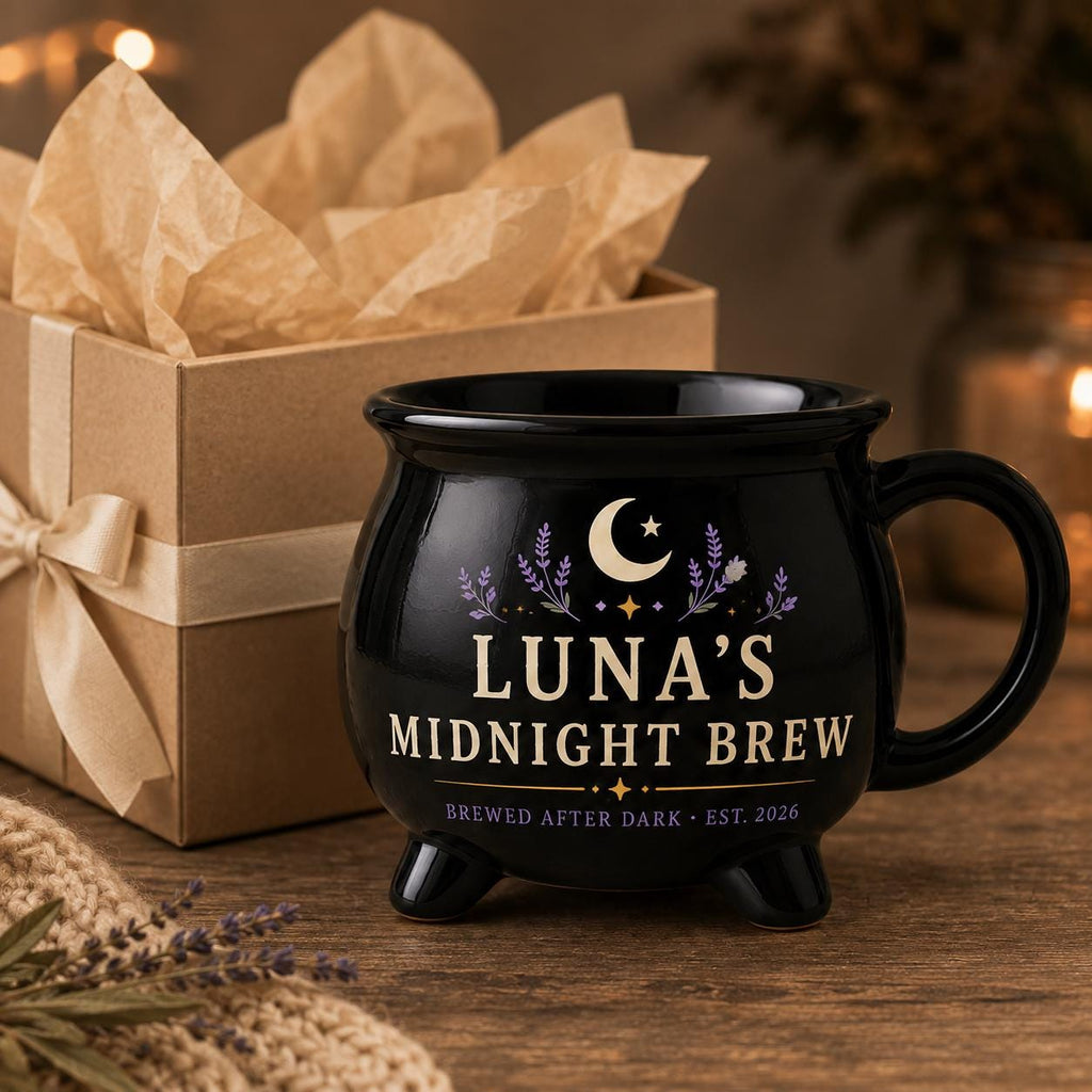 Personalized Midnight Brew Cauldron Mug, Custom Witchy Name Mug, Moon Phase Gothic Coffee Cup, Halloween Gift for Her