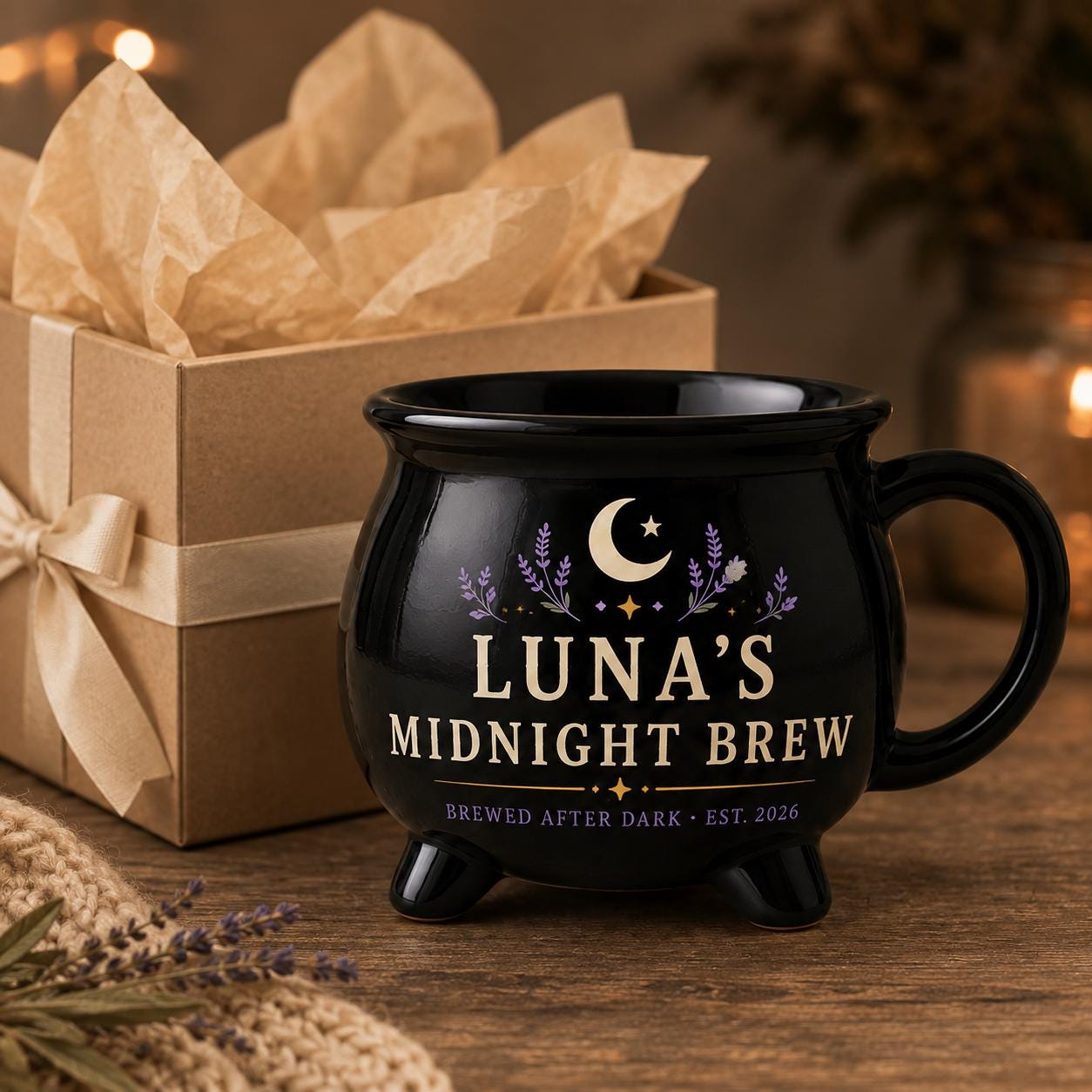 Personalized Midnight Brew Cauldron Mug, Custom Witchy Name Mug, Moon Phase Gothic Coffee Cup, Halloween Gift for Her