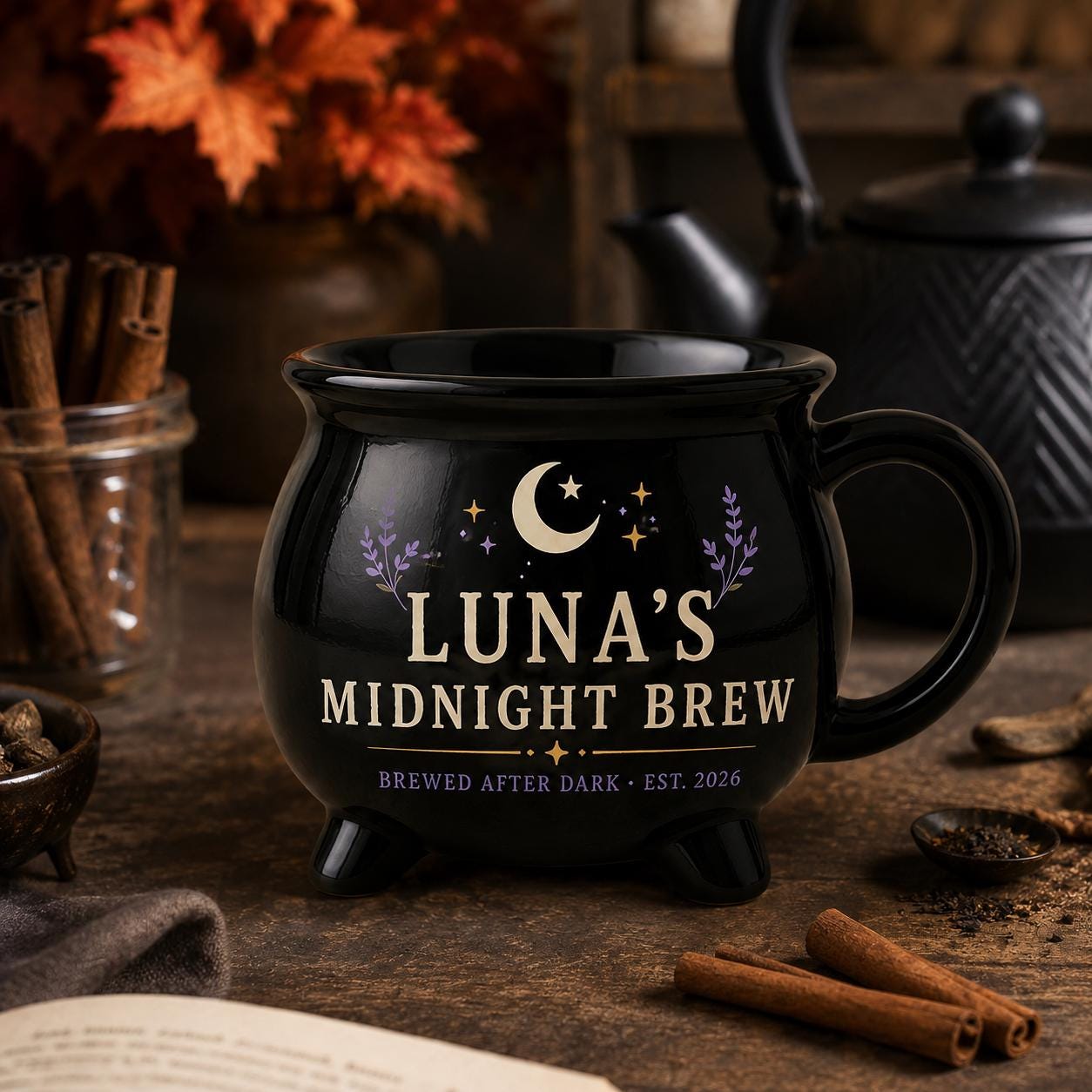 Personalized Midnight Brew Cauldron Mug, Custom Witchy Name Mug, Moon Phase Gothic Coffee Cup, Halloween Gift for Her