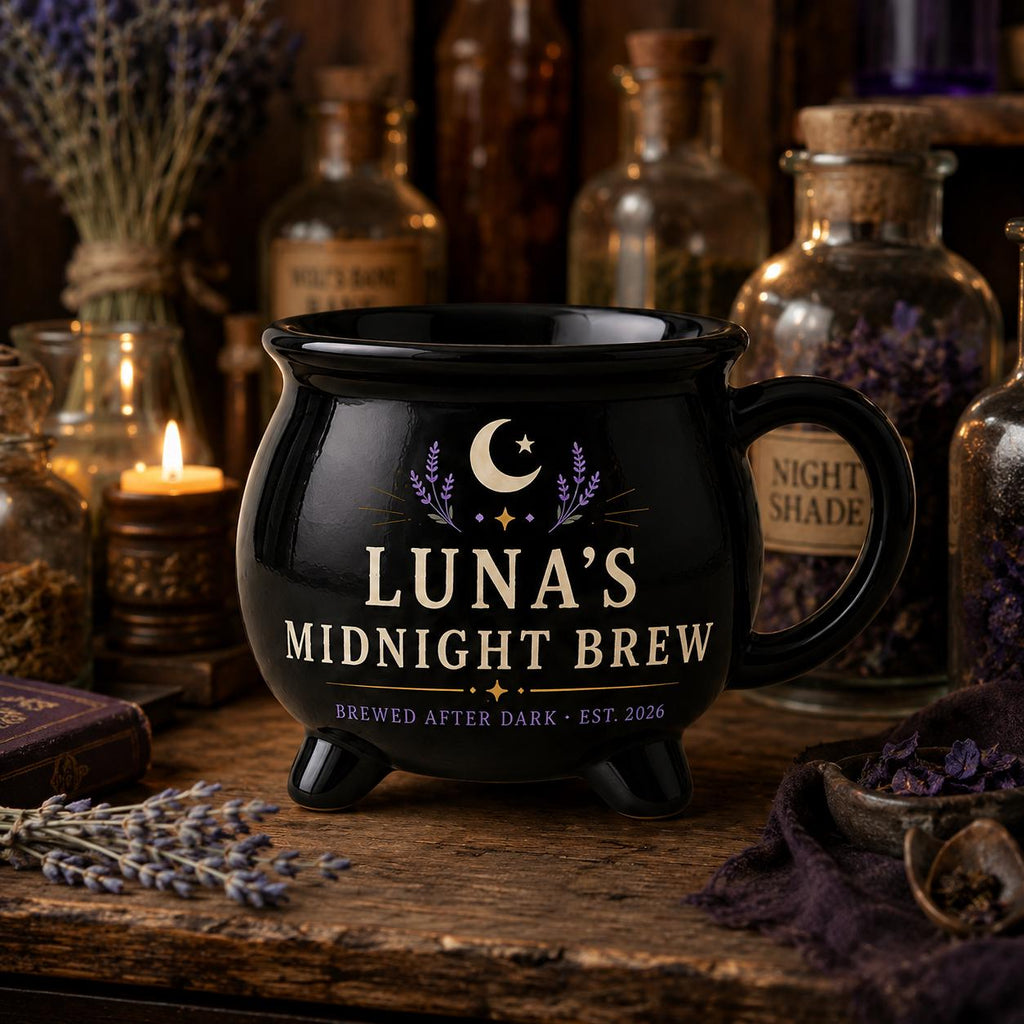 Personalized Midnight Brew Cauldron Mug, Custom Witchy Name Mug, Moon Phase Gothic Coffee Cup, Halloween Gift for Her