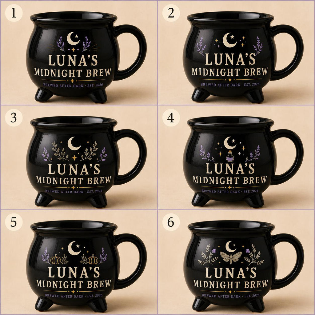 Personalized Midnight Brew Cauldron Mug, Custom Witchy Name Mug, Moon Phase Gothic Coffee Cup, Halloween Gift for Her