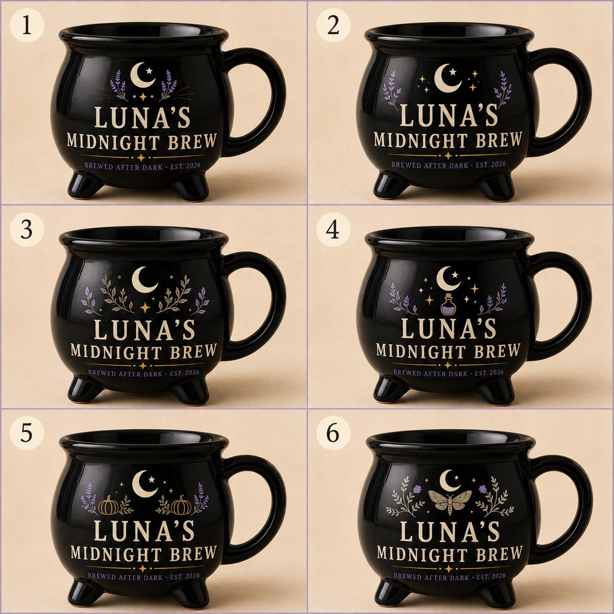 Personalized Midnight Brew Cauldron Mug, Custom Witchy Name Mug, Moon Phase Gothic Coffee Cup, Halloween Gift for Her