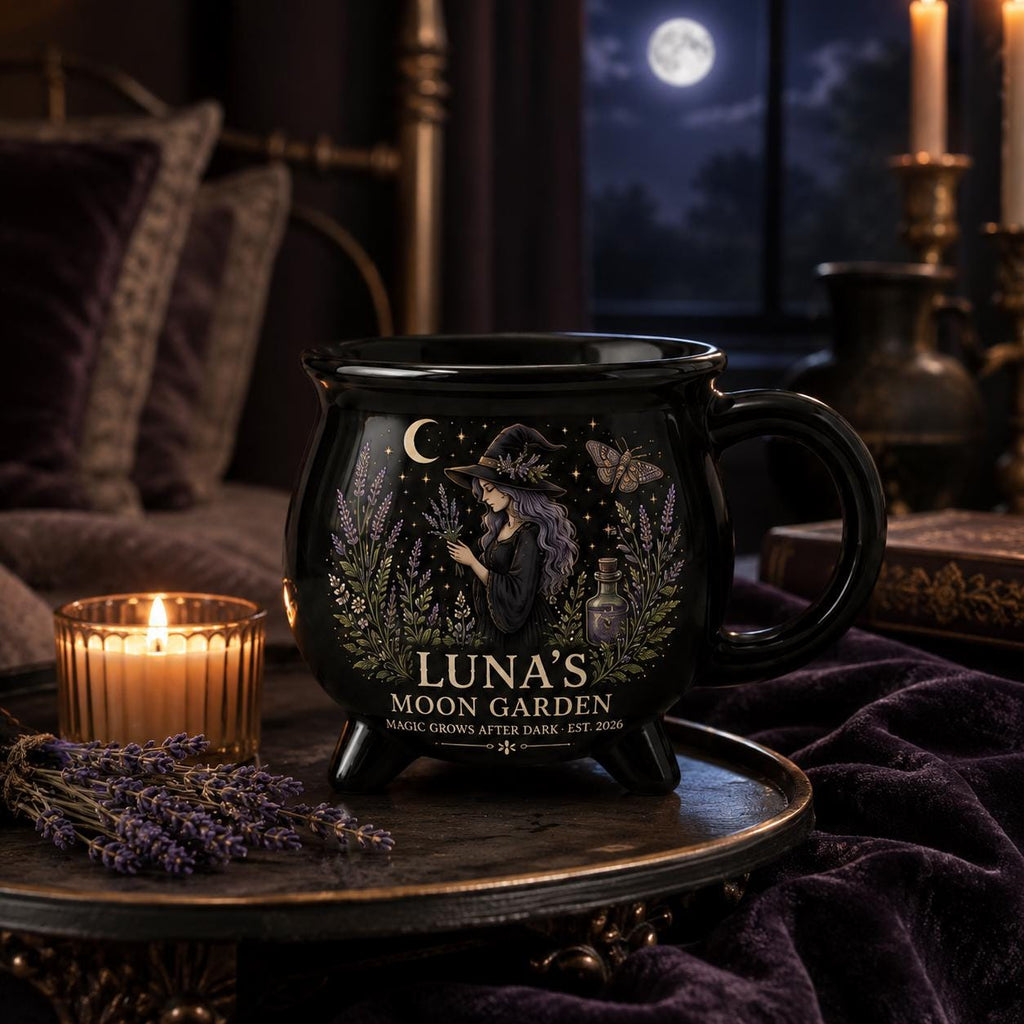 Personalized Witch Cauldron Mug, Custom Moon Garden Mug, Gothic Botanical Halloween Cup, Witchy Gift for Her