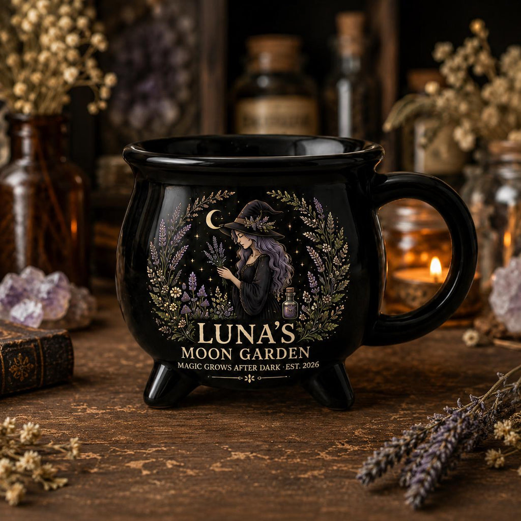 Personalized Witch Cauldron Mug, Custom Moon Garden Mug, Gothic Botanical Halloween Cup, Witchy Gift for Her