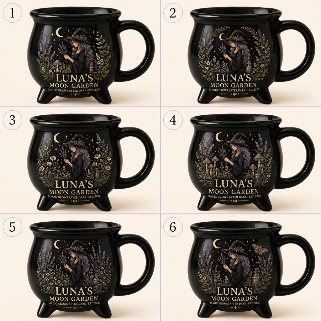 Personalized Witch Cauldron Mug, Custom Moon Garden Mug, Gothic Botanical Halloween Cup, Witchy Gift for Her