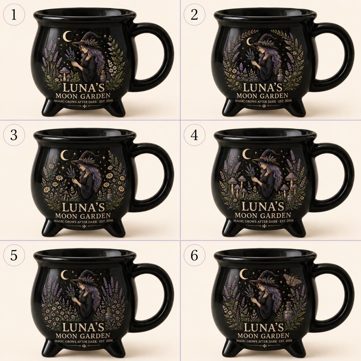 Personalized Witch Cauldron Mug, Custom Moon Garden Mug, Gothic Botanical Halloween Cup, Witchy Gift for Her