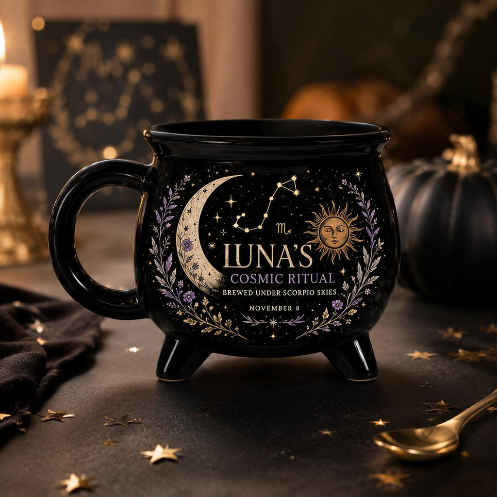 Personalized Zodiac Cauldron Mug, Custom Cosmic Ritual Mug, Scorpio Astrology Gift, Celestial Witchy Coffee Cup