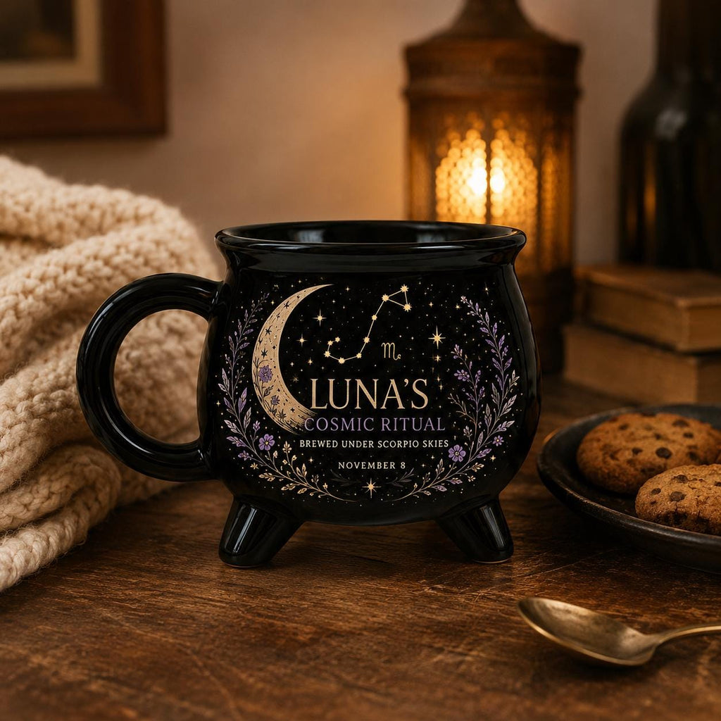 Personalized Zodiac Cauldron Mug, Custom Cosmic Ritual Mug, Scorpio Astrology Gift, Celestial Witchy Coffee Cup