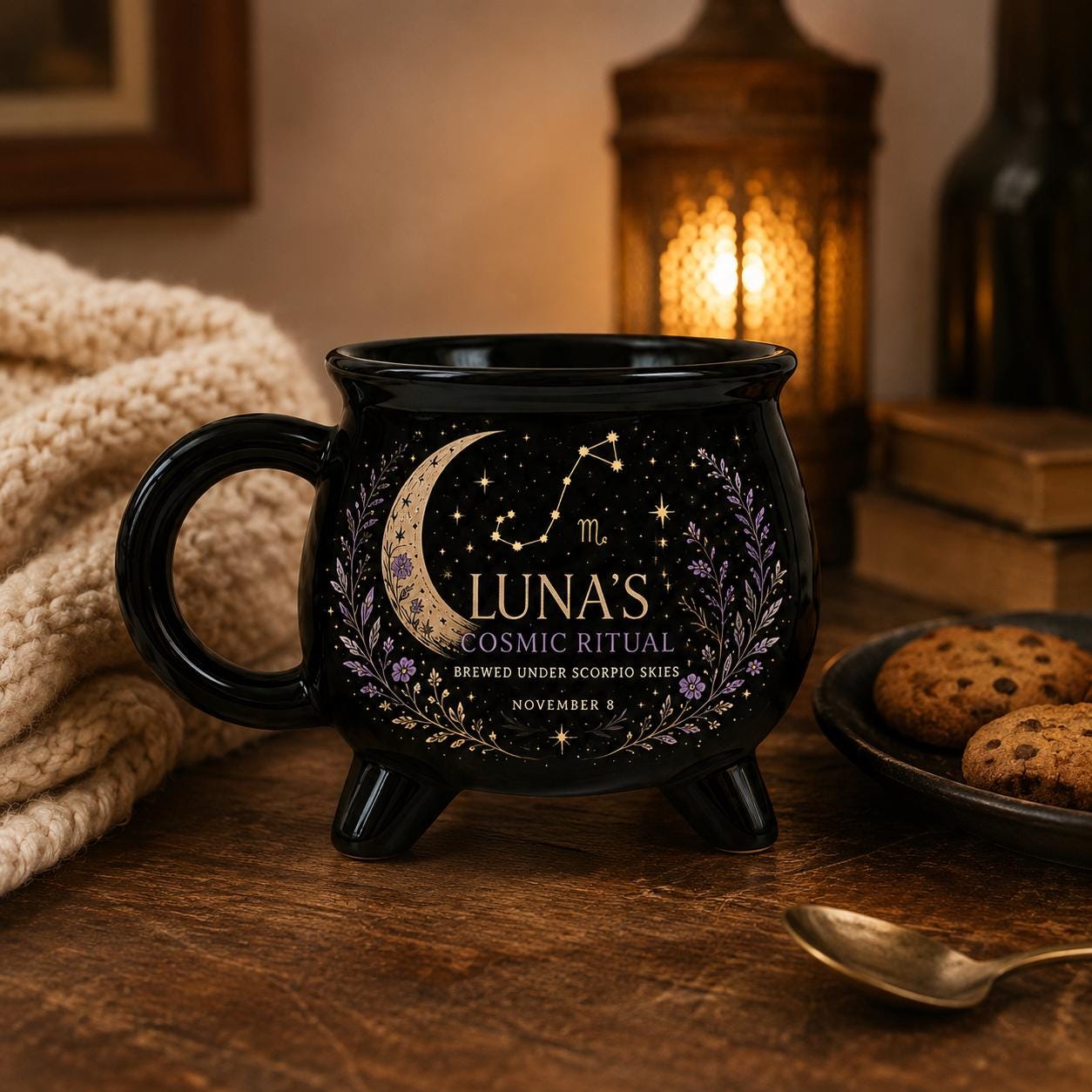Personalized Zodiac Cauldron Mug, Custom Cosmic Ritual Mug, Scorpio Astrology Gift, Celestial Witchy Coffee Cup