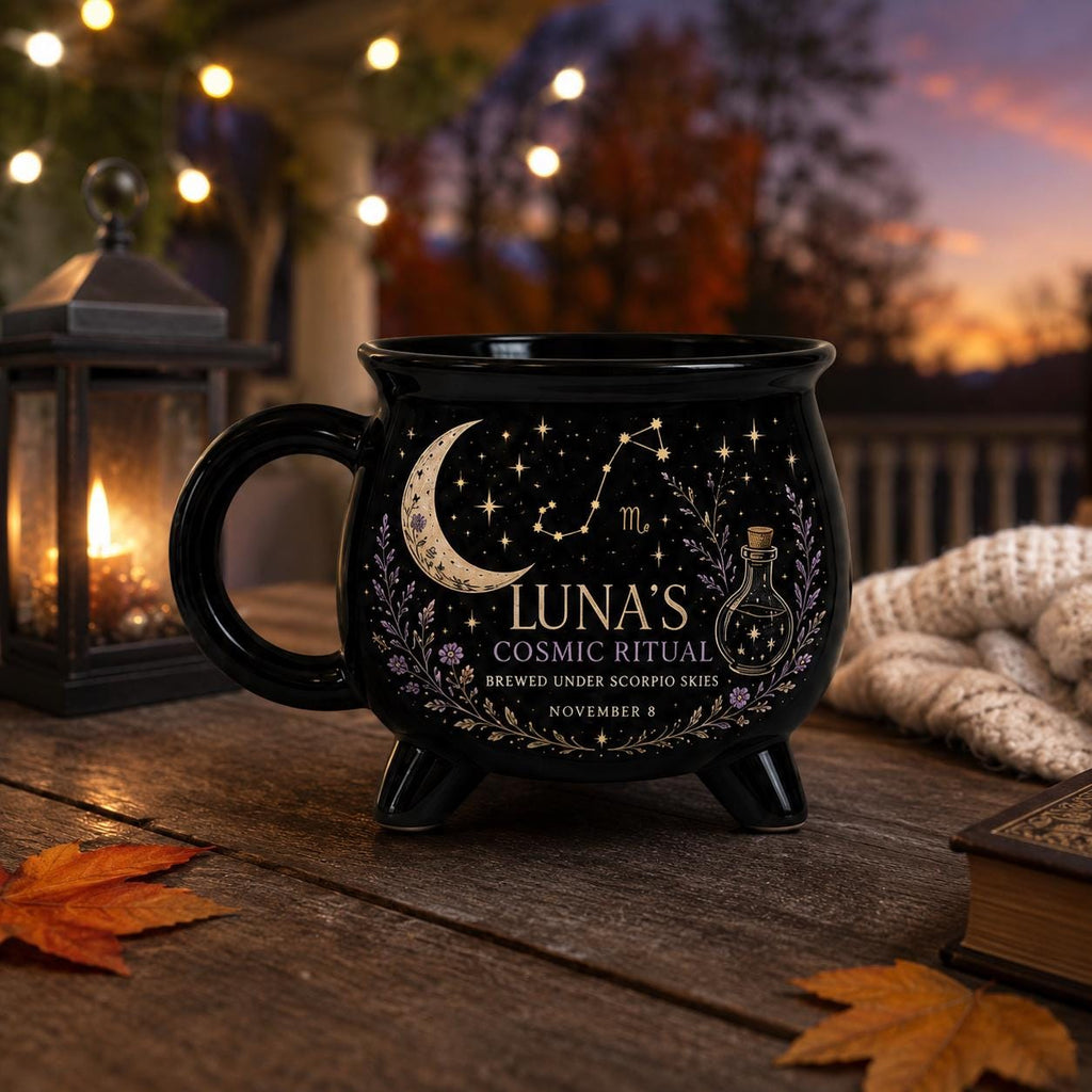 Personalized Zodiac Cauldron Mug, Custom Cosmic Ritual Mug, Scorpio Astrology Gift, Celestial Witchy Coffee Cup