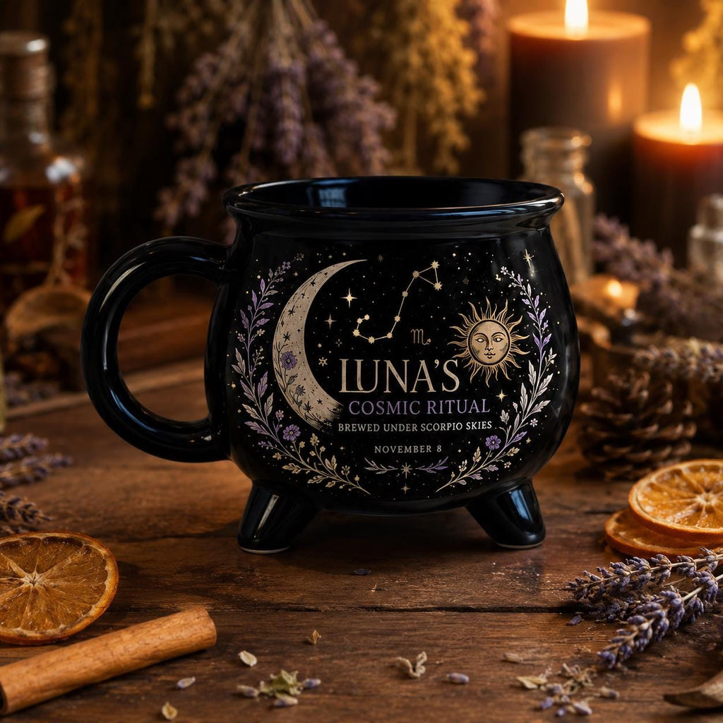 Personalized Zodiac Cauldron Mug, Custom Cosmic Ritual Mug, Scorpio Astrology Gift, Celestial Witchy Coffee Cup